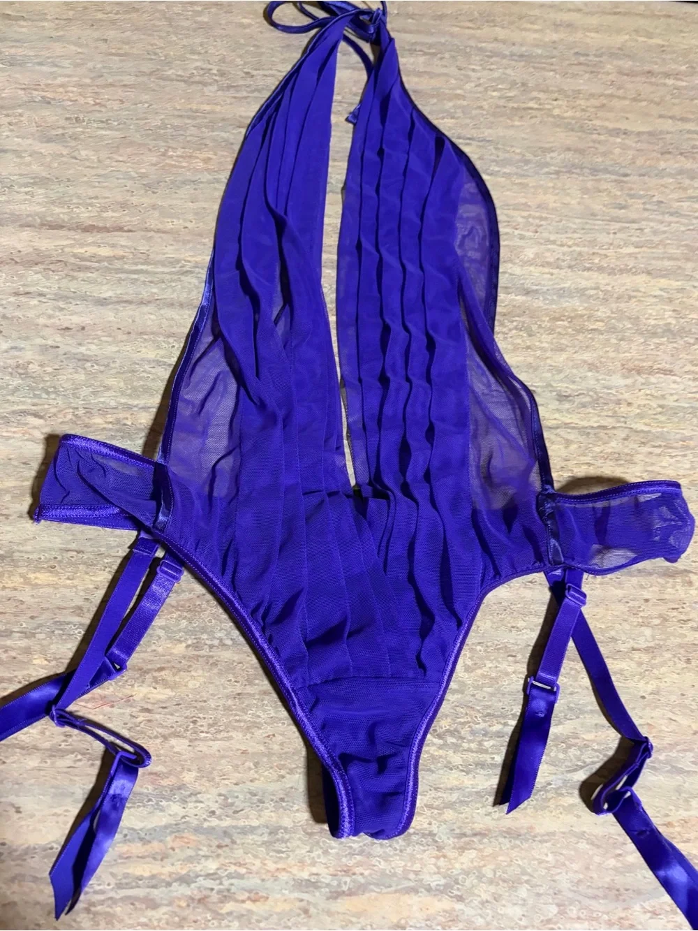 NWT Frederick’s of Hollywood Seduction Purple Halter Sexy Bodysuit & garter